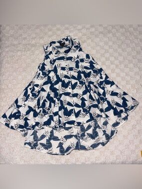 Gracia Blue and White Floral Sleeveless High-Low Shirt Dress Medium